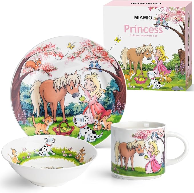 MIAMIO – Set of 3 Kids Dinnerware Set/Porcelain Children Dishes, Kids Dish Set, Children’s Tableware Set - Includes Plate, Bowl and Cup – For Kids and Toddler (Princess)