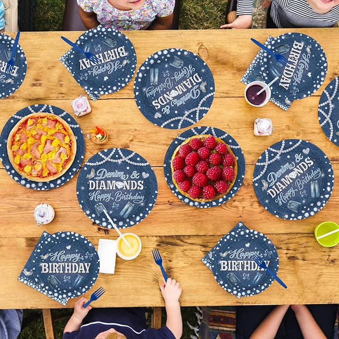 96Pcs Denim and Diamonds Birthday Party Decorations Denim Theme Jacket Jeans Plates and Napkins Crystal Diamonds Tableware Set for Women Birthday Bachelorette Bridal Shower Wedding Supplies Serves 24