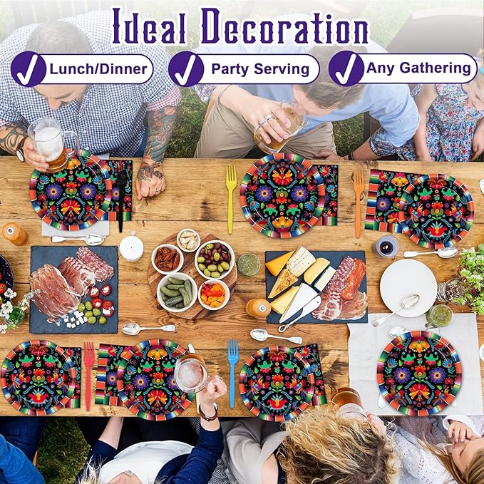 100PCS Mexican Fiesta Party Plates and Napkins Party Supplies Mayo Mexico Mexican Tableware Dinnerware Set Decorations for Dia De Los Muertos Day of The Dead Dance Pinata Colorful Ponchos Serves 25