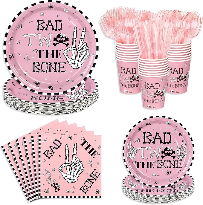 175 PCS Bad Two the Bone Party Decorations Girl, Pink Rock and Roll 2nd Birthday Party Plates and Napkins Skeleton 2nd Birthday Decorations for Girl, Serve 25