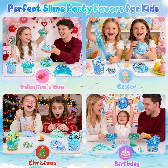 LAWOHO 6 Pack Blue Ocean Slime, Clear Butter Cloud Slime Kits for Girls Ages 8-12, Non-Stick Kids Slime Party Favor Toys with Add-Ins, Birthday Goodie Bag Stuffers Easter Valentines Day Gifts for Kids