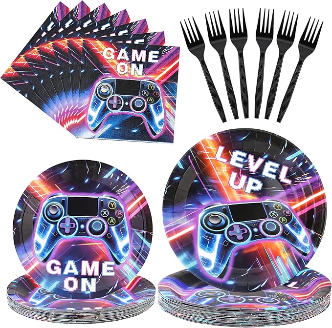 CANREVEL 96 PCS Video Gamer Birthday Party Plates Serve 24, Video Gaming Plates and Napkins Forks Set, Disposable Tableware for Video Gamer Party Supplies Decorations, Video Game Plates for Boys Men