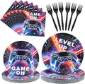 CANREVEL 96 PCS Video Gamer Birthday Party Plates Serve 24, Video Gaming Plates and Napkins Forks Set, Disposable Tableware for Video Gamer Party Supplies Decorations, Video Game Plates for Boys Men