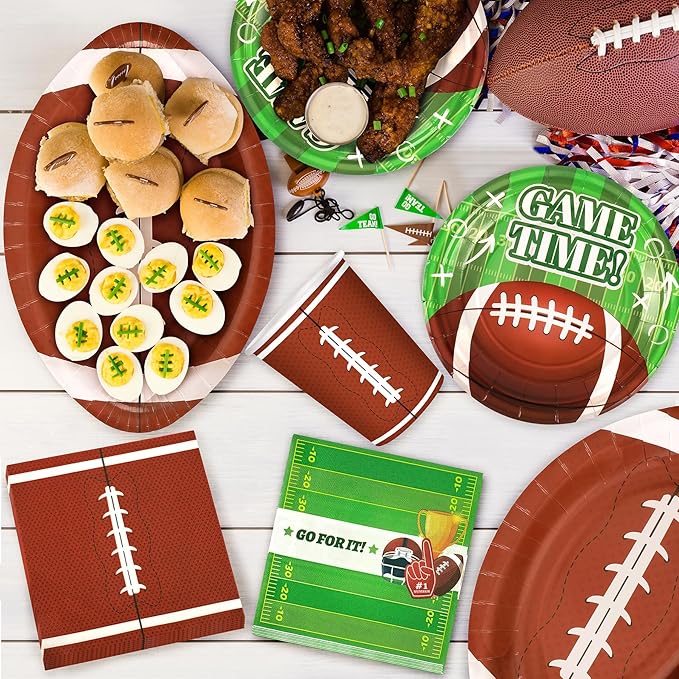 99PCS Football Party Tableware Supplies,Set of 24 Football Plates Napkins Cups,11.8in Football Shaped Disposable Paper Plates,Banner and Touchdown Tablecloth for Birthday Gameday Tailgate Decoration