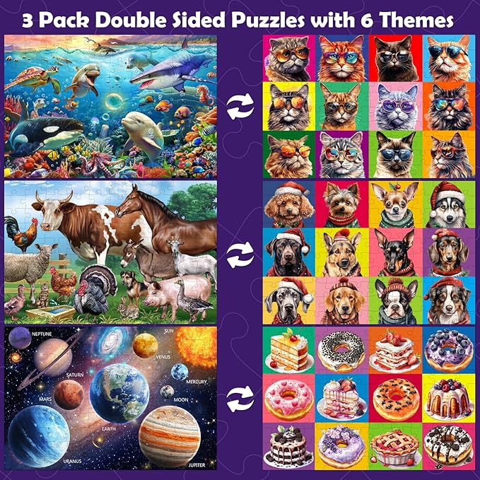 Puzzles for Kids Ages 4-6 and 6-8,3 Pack 100 Pieces Double Sided Jigsaw Puzzles for Kids Ages 8-10 Year Old (6-in-1),Learning Educational Puzzles Toys for Boys and Girls,17” x 11.5”