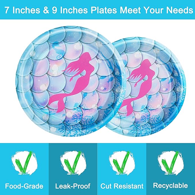 96 Pcs Mermaid Birthday Party Plates Napkins Forks Supplies Tableware Set Disposable Table Mermaid Theme Decoration for Girl Birthday Party or Baby Shower, Serves 24 Guests