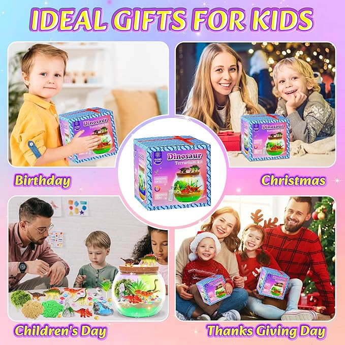 Gifmore Dinosaur Terrarium Kit for Kids with LED Night Light & Remote Control, Dinosaur Toys & Arts and Crafts Kit for Boys Ages 4-12, Creative Birthday Christmas Gifts for Children