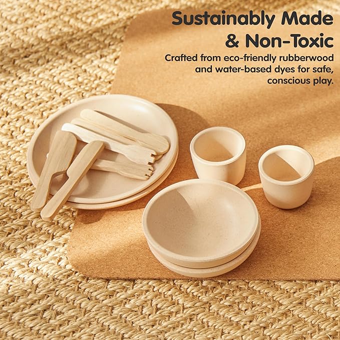 PlanToys® Pretend Play Wooden Tableware Set for Kids | 16-Piece Montessori Kitchen Toy Set with Plates, Cups, Bowls & Utensils | Eco-Friendly, Non-Toxic Toy for Toddlers & Preschoolers