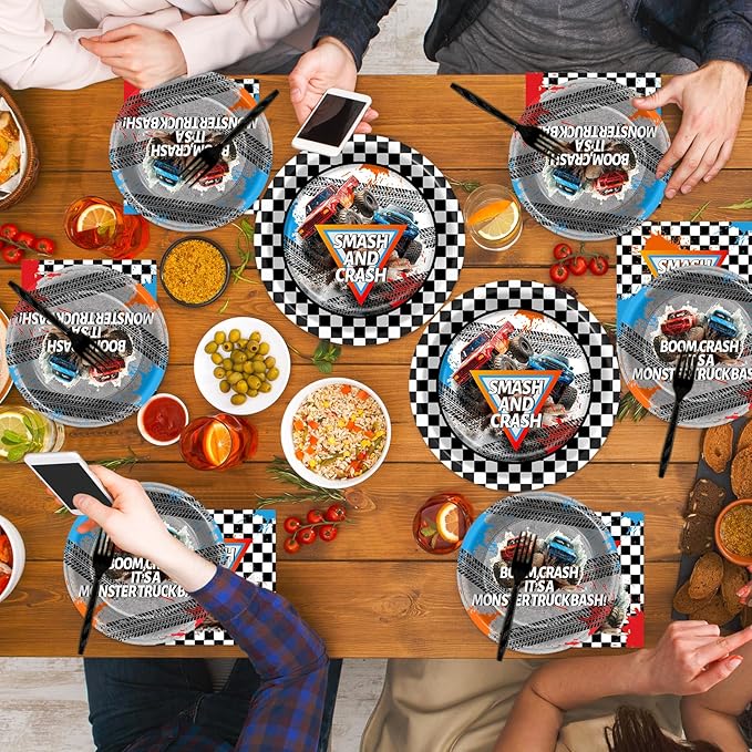 96Pcs Monster Truck Party Plates and Napkins for Monster Truck Birthday Party Supplies Paper Dessert Plates Tableware Set for Kids Boys 24 Guests Birthday Decorations