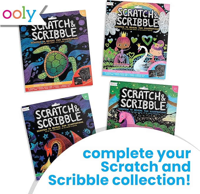 Ooly Scratch & Scribble 10pc Art Kit with 8 Total Scratch Cards (4 Illustrated, 2 Blank, 2 Rainbow) with Scratching Tool and Sparkled Stickers, Art Set Gifts for Kids - Unicorns