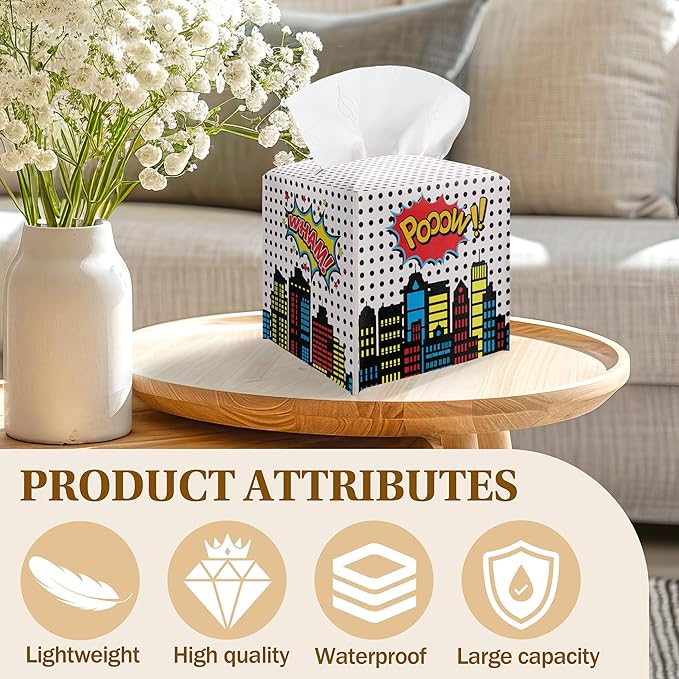 Superhero Comic Cityscape Square Leather Tissue Box Cover – Pow! Superhero Themed Facial Paper Organizer, for Kids & Superhero Fans, Decor for Bathroom, Party & Baby Shower
