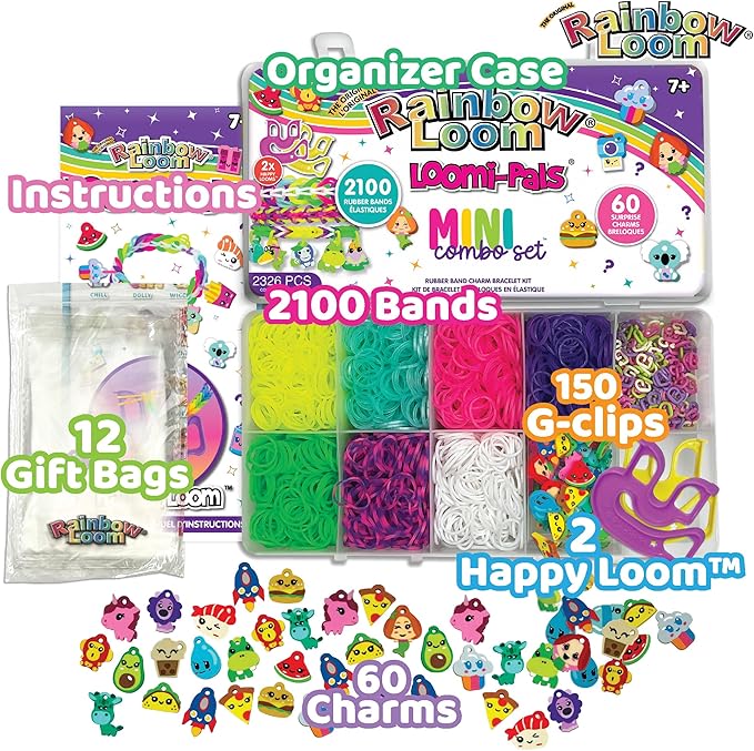 Rainbow Loom® Loomi-Pals™ Mini Combo Set, Features 60 Cute Assorted Loomi-Pals Charms,1 Happy Loom, 2100 Colorful Bands All in a Carrying Case for Boys and Girls 7+