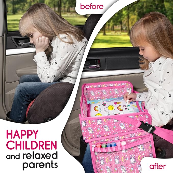 Kids Travel Tray - Waterproof Lap Table with No-Drop Large Tablet Holder - Car Seat Tray - Road Trip Essentials Kids - Car Desk Organizer for Airplane - Toddler Travel Essentials (UNICORN)