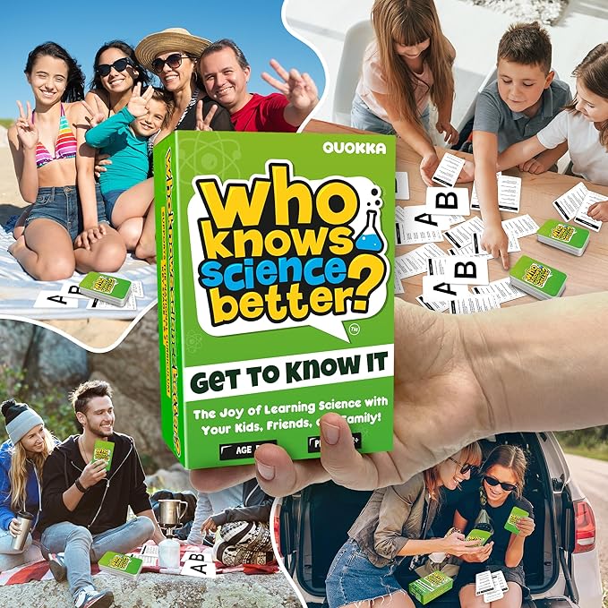 QUOKKA Board Games for Kids 8-12 – Family Games for Kids and Adults – Science Trivia Cards for Family Game Night – Who Knows Science Better – 500+ Questions – Fun Card Game for Families and Teens