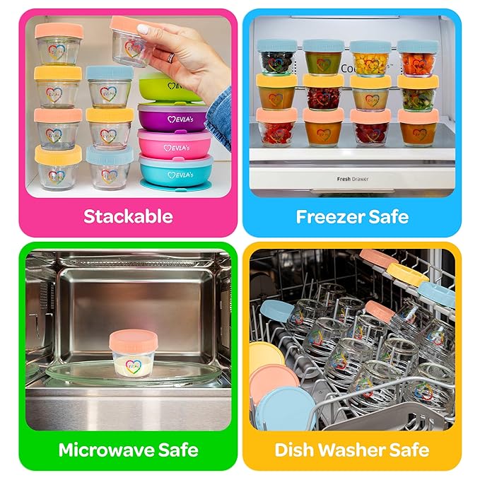 EVLA'S Baby Food Containers 12-Pack - 4 oz Glass Jars with Lids - BPA-Free, Microwave, Freezer, and Dishwasher Safe Glass Baby Food Jars or Toddler Snack Containers for Kids Purees or Breastmilk