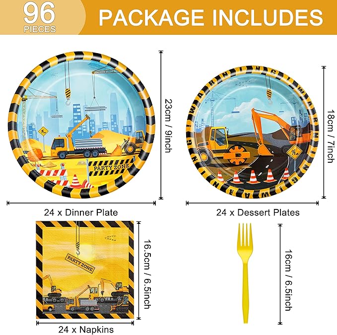 96 Pcs Construction Birthday Party Plates Napkins Forks Supplies Tableware Set Disposable Table Dump Truck Theme Decoration for Boys/Kids Birthday Party, Serves 24 Guests