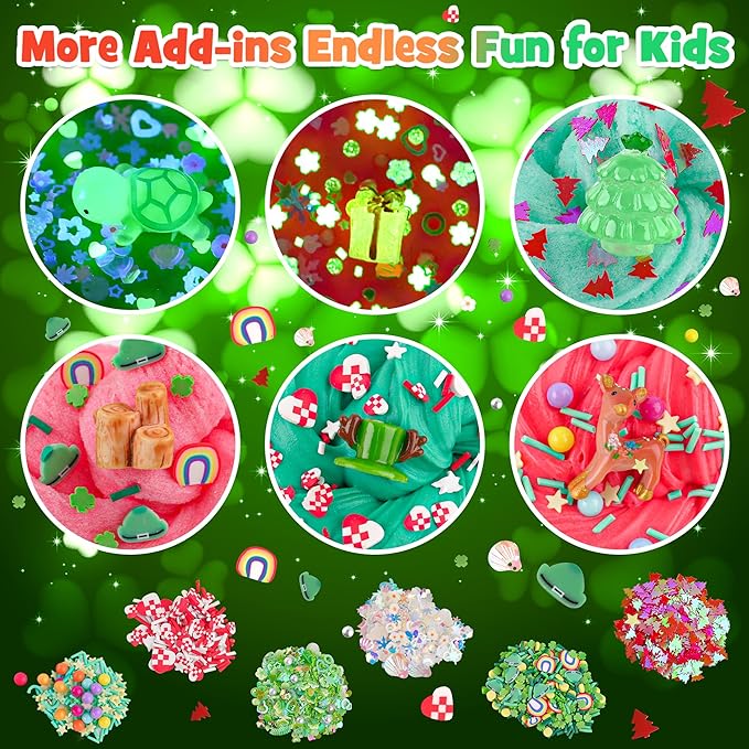 LAWOHO 6 Packs Red & Green Slime for Kids- Clear, Butter, Cloud Slime Making Kit with Glow in The Dark Add-ins & Charms, Slimes Kit for Boys & Girls Party Favors, Birthday St Patricks Day Easter