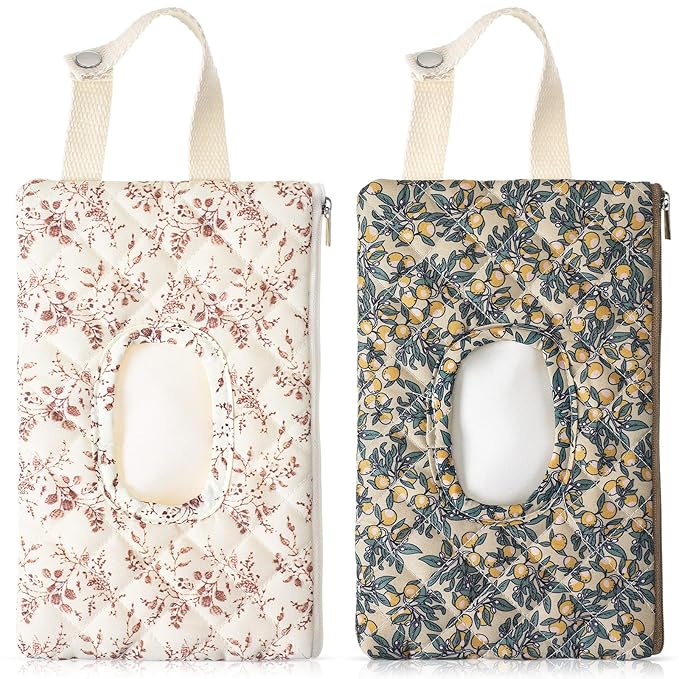 2 Pcs Quilted Diaper and Wipes Pouch Portable Hanging Floral Wet Wipe Bag Diaper Bag Reusable Wipes Pouch for for Stroller Car Travel Infant Diapering Organizer (Mixed Floral)