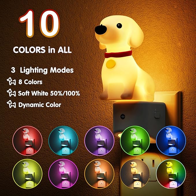 L LOHAS LED Night Light for Kids,3D Cute Puppy Night Lights,Dachshund with Dusk to Dawn Sensor, RGB+Soft White 3000K,Dog Night Light,Birthday Gift Nightlight for Kids, Room Decor,2Pack