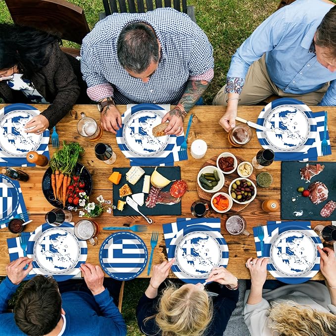gisgfim 96 Pcs Greek Flag Greece Plates and Napkins Party Supplies Greek Flag Birthday Party Tableware Set Blue Greece Birthday Decorations Favors for Greek Family Gathering Dining for 24 Guests
