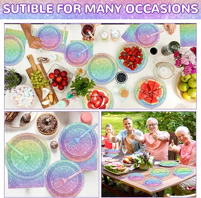 Rainbow Birthday Party Plates Napkins Forks Rainbow Glitter Tableware Set Happy Birthday Dinnerware Colorful Unicorn Glitter Supply for Kids Girls Women Princess Wedding Parties Decorations Serve 24