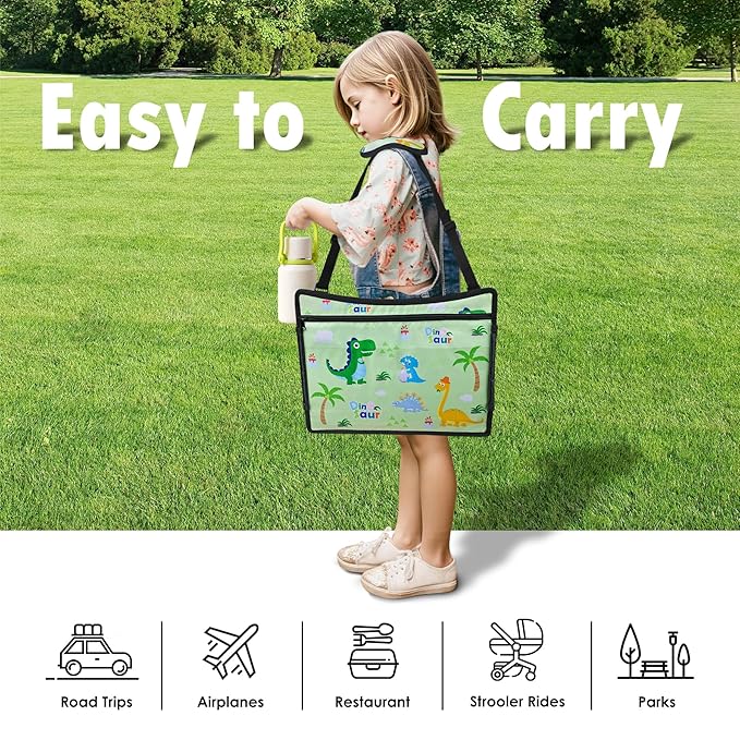 Kids Travel Tray, Kids Travel Trays for Car Seat, Road Trip Essentials for Toddler, Carseat Lap Tray with Dry Erase Board & Storage Organizer for Road Trip Activities for Kid, Green