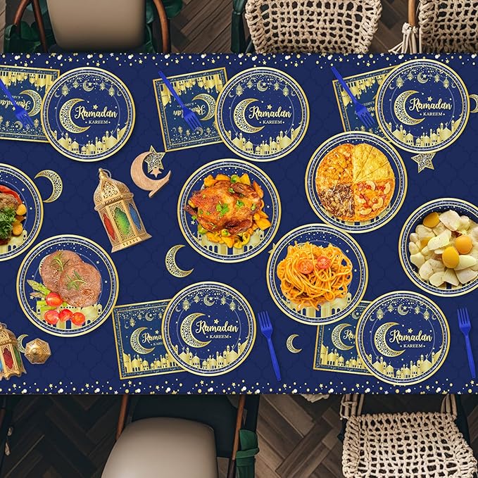 96 Pcs Ramadan Plates and Napkins Forks Sets - Blue Gold Eid Mubarak Themed Round Tableware, Disposable KAREEM Paper Plates Napkins Kit for Ramadan Party Supplies Favors Table Decorations, Serves 24