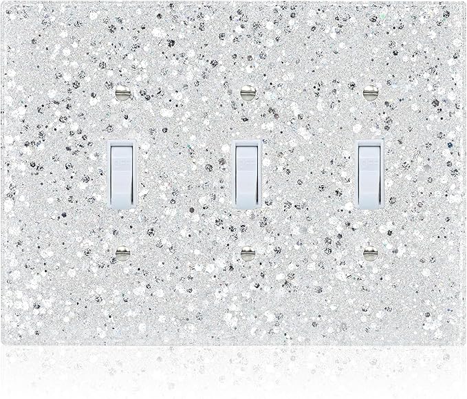 Shiny Silver Triple Light Switch Cover Plate,Glitter Never Peel Off,3-Gang 5.1''x6.9'',Bling Decor for Girls