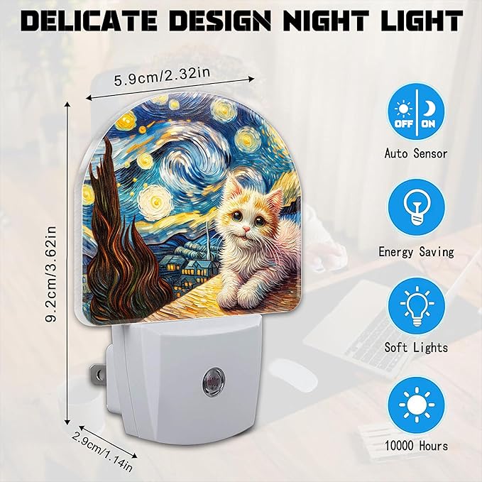 Starry Night and Cute Cat Night Light for Kids, Abstract Oil Painting Plug in Night Light with Dusk to Dawn Sensor, 0.5w Energy Saving Nightlight for Hallway Stairway Kitchen Bedroom