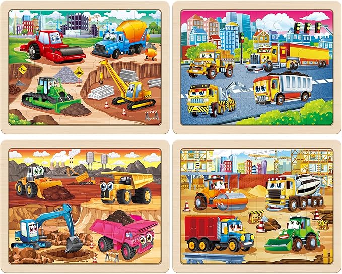 SYNARRY Large Wooden Construction Vehicle Puzzles for Toddlers 3-5, 24 Piece Monster Truck Puzzles for Kids Ages 4-6, Construction Toys for 3 4 5 6 Year Old, Kids Toys Easter Basket Stuffers Gifts