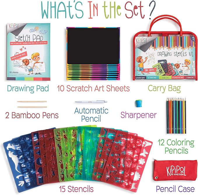 Kipipol 63 Pcs Drawing Stencils for Kids Ages 4-8 - 8-12 and Up - Arts and Crafts for Girls and Boys - Kids Drawing kit - Arts Set- 15 Art Stencils, 260+ Designs -Scratch Art- Creativity Gifts & Toys