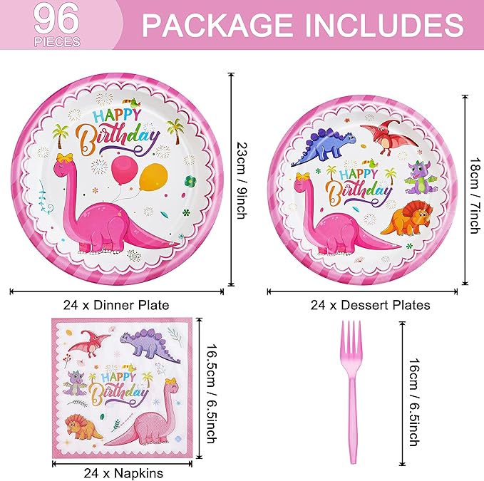 96 Pcs Dinosaur Birthday Party Plates Napkins Forks Supplies Tableware Set Disposable Table Dinosaur Theme Decoration for Girl Birthday Party, Serves 24 Guests