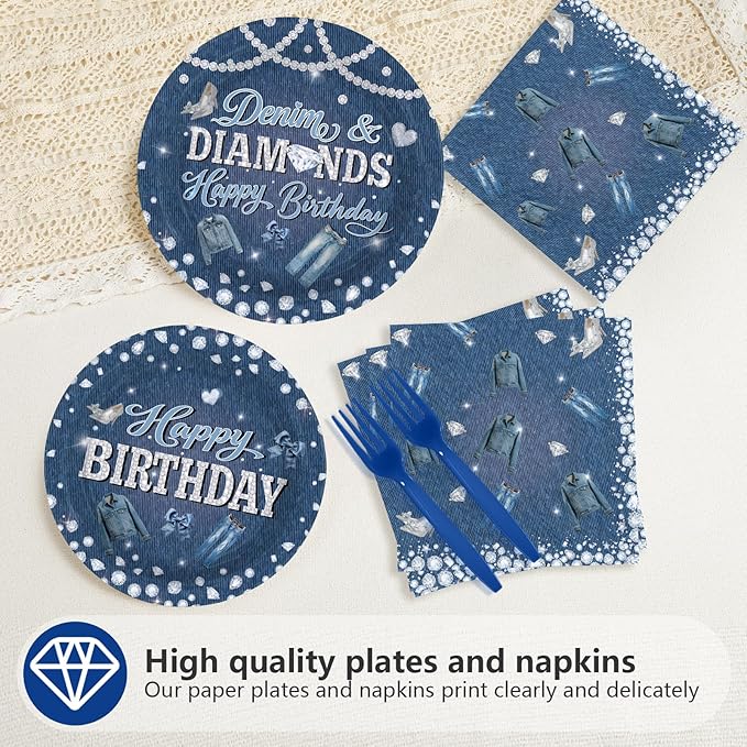 96Pcs Denim and Diamonds Birthday Party Decorations Denim Theme Jacket Jeans Plates and Napkins Crystal Diamonds Tableware Set for Women Birthday Bachelorette Bridal Shower Wedding Supplies Serves 24