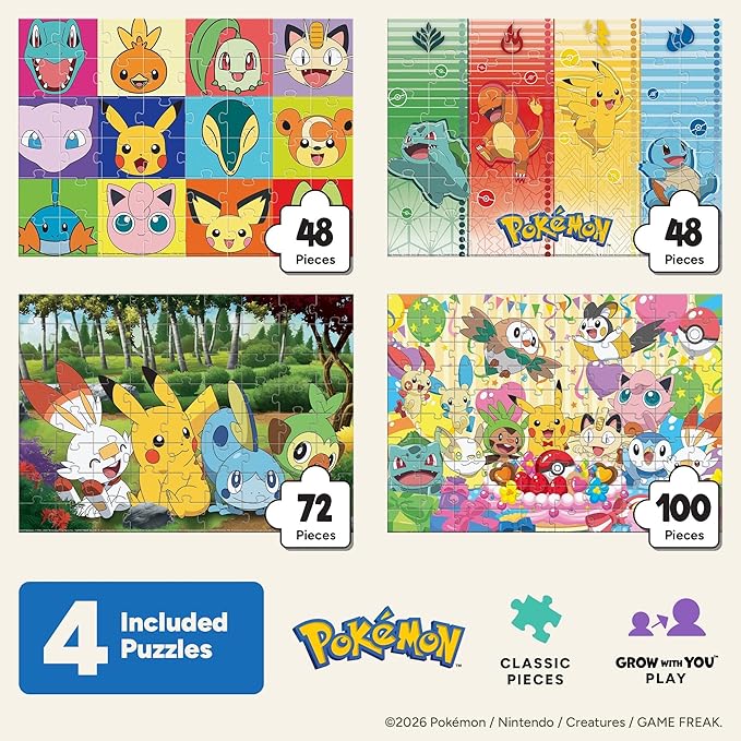 Buffalo Games - Pokémon 4-in-1 Kids Jigsaw Puzzle Multipack - 48, 72 & 100 Piece Puzzles - Colorful Character Art - Preschool Learning Activity -Ages 3-6+ - Birthday for Boys & Girls