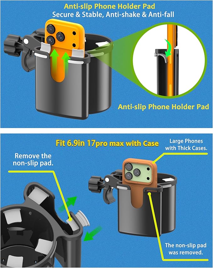 Universal Clamp-on 2-in-1 Cup Holder & Phone Holder for Stroller, Walker, Wheelchair, Fits 12oz-40oz Drinks, Multifunctional Storage Organizer