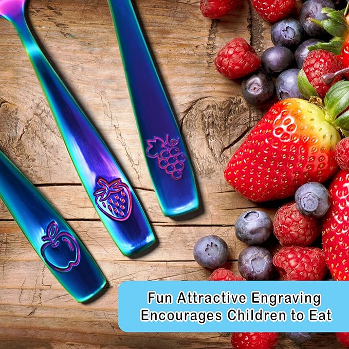 12 Piece Stainless Steel Kids Silverware Set - Child and Toddler Safe Flatware - Kids Utensil Set - Metal Kids Cutlery Set Includes 4 Small Kids Spoons, 4 Forks & 4 Knives - UV Rainbow
