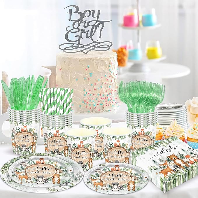 168PCS Woodland Baby Shower Party Supplies for Boys Girls Kids Winter Forest Party Decorations Jungle Animals Themed Plates and Napkins Cups Forks Knives and Straw Tableware Serve 24 Guests
