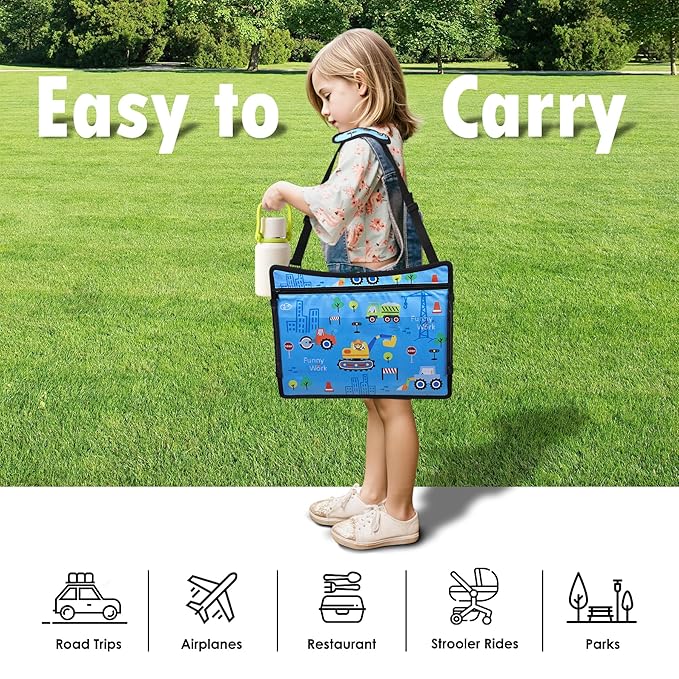 Kids Travel Tray, Kids Travel Trays for Car Seat, Road Trip Essentials for Toddler, Carseat Lap Tray with Dry Erase Board & Storage Organizer for Road Trip Activities for Kid, Light Blue