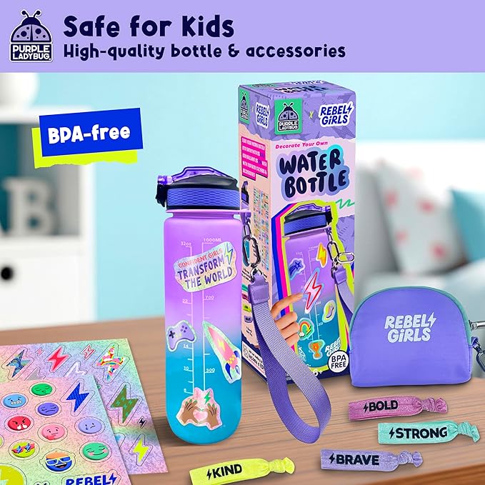 Rebel Girl Decorate Your Own Water Bottle - 32oz BPA Free Water Bottle for Kids with Motivational Stickers & More, Girls Birthday Gifts Age 6-7 8 9 10 11 - Teen Gift, Tween Girls Trendy Stuff