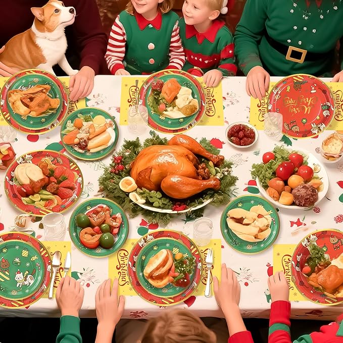72PCS Christmas Plates and Napkins for Party Decorations, Set of 24 Merry Christmas Disposable Tableware Supplies, Cute Cats Themed Christma Paper Plates for Xmas Party