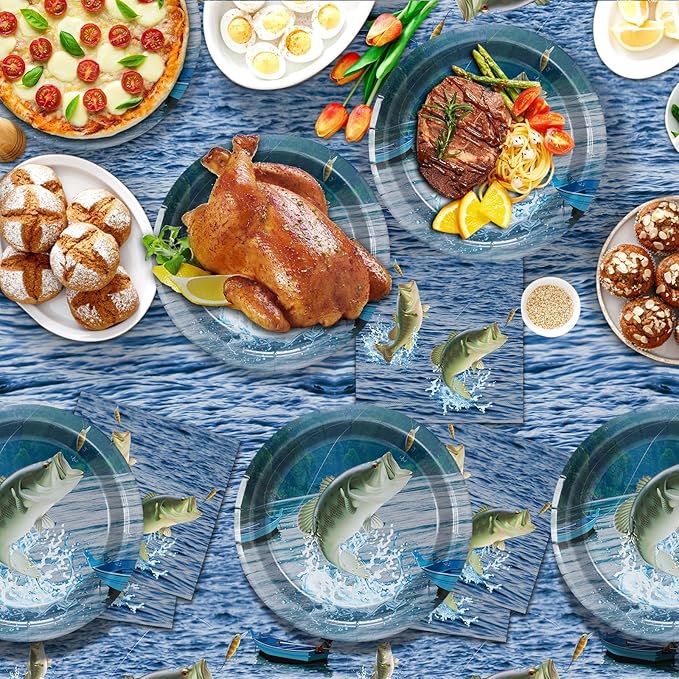 Gone Fishing Party Decorations Fishing Tableware Set Gone Fishin' Plates Napkins Disposable Table Cover Fishin' Dinnerware for True North Vbs Decorations Fish Themed Tournament Birthday Party Supplies