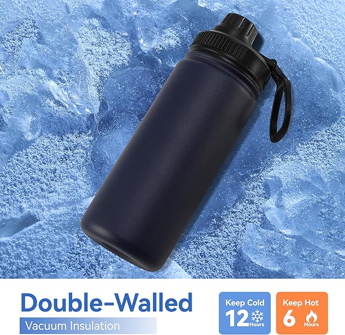 DOMICARE 16 oz Kids Water Bottle for School Stainless Steel Double Wall Vacuum Insulated Water Bottle with Straw lids & Spout Lid, Leakproof BPA Free (Navy,4)