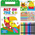 SpriteGru Road Trip Coloring Kit, 50 Coloring Pages with 940 Decorative Stickers & 12 Crayons, Mess-Free Travel Sticker Collage Activity DIY Dotty Animals Travel Art Craft Kit for Kids, Toddlers