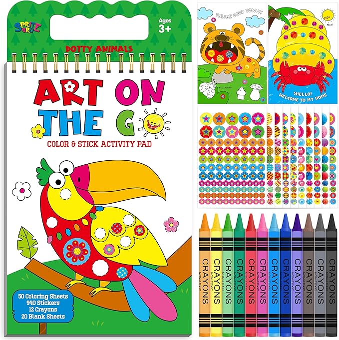 SpriteGru Road Trip Coloring Kit, 50 Coloring Pages with 940 Decorative Stickers & 12 Crayons, Mess-Free Travel Sticker Collage Activity DIY Dotty Animals Travel Art Craft Kit for Kids, Toddlers