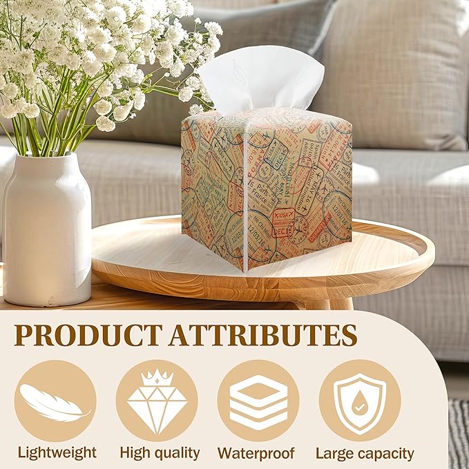 Retro World Travel Passport Stamp Tissue Box Cover - Vintage Square Leather Facial Paper Organizer, Decorative Travel Themed Holder for Bathroom Vanity, Home Office, Car & Travel Enthusiast Decor