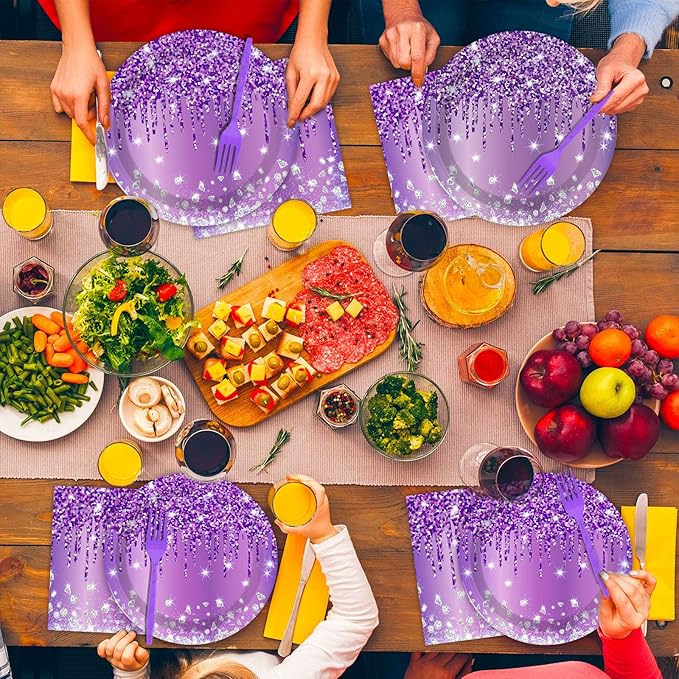 96 Pcs Purple Silver Tableware Set for Birthday Party Decor Disposable Dessert Plates Napkins Forks for 24 Guests Elegant Purple Tableware for Women Girls Baby Shower Bridal Shower Party Supplies