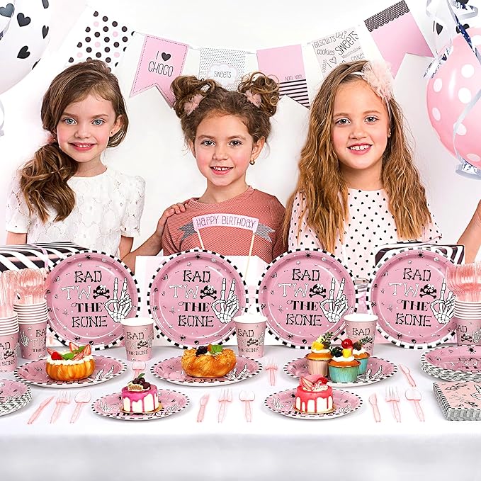 175 PCS Bad Two the Bone Party Decorations Girl, Pink Rock and Roll 2nd Birthday Party Plates and Napkins Skeleton 2nd Birthday Decorations for Girl, Serve 25
