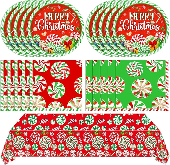 41 Pcs Peppermint Party Tableware Set Include Christmas Candy Cane Paper Plates Napkins and Plastic Tablecloth Red Green Christmas Candy Winter Party Decor for Holiday Xmas