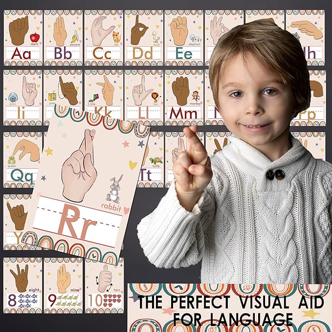 YIYDONG 36 Pieces ASL Alphabet Line Bulletin Board Set ABC Number Sign Language Flash Cards Wall Decorations for Pre-School Kindergarten Elementary Classroom Nursery Homeschool (Boho Rainbow)