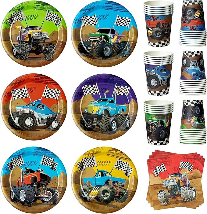 K1tpde Monster Truck Party Tableware - 30set Monster Truck Theme Tablewares Set Included Disposable Checkered Flag Paper Cup Napkins for Boys Happy Birthday Decorations Party Suppliess, 30 Guest